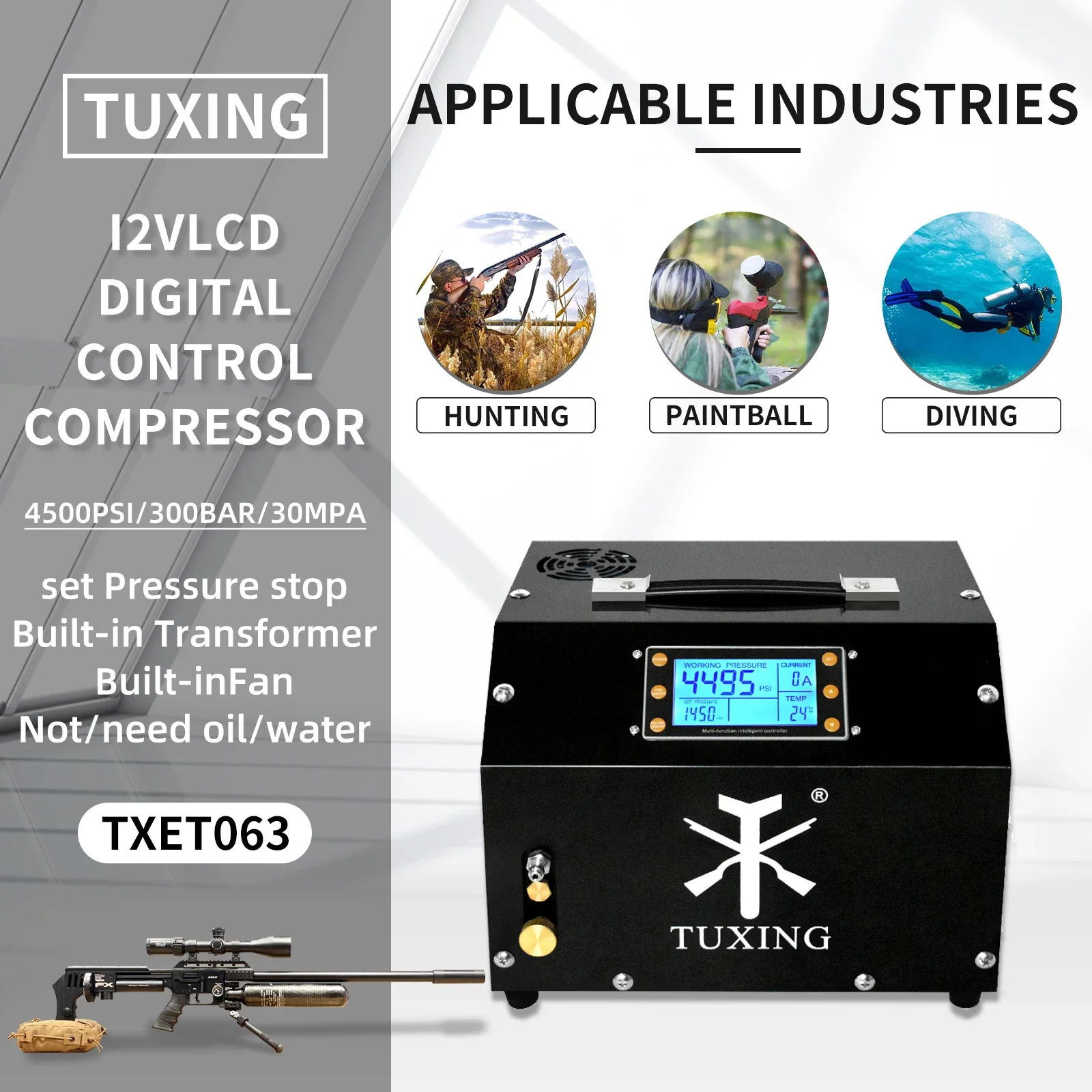 TUXING 300bar PCP Compressor de ar 4500psi LCD Display Digital Controle Compressor Built-in Auto Stop para Rifle Airgun Scuba Diving