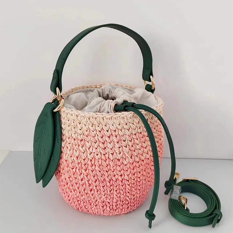 Cute versatile peach shape handwoven vegetable basket summer paper rope slope style peach bag ladies beach handheld fruit bag