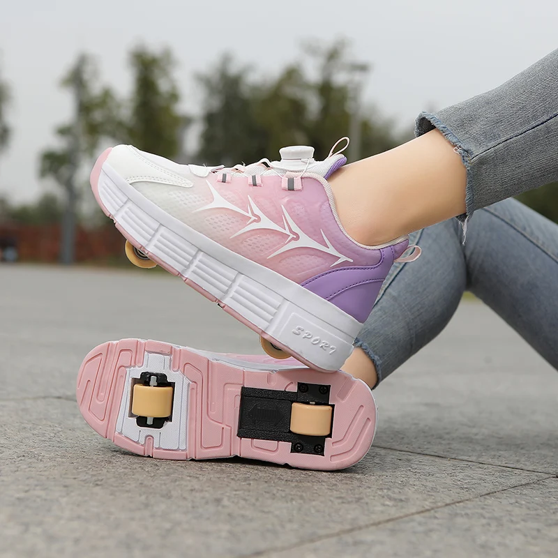 

New 2025 Spring & Autumn Girls' Wheel Shoes: Rotating Buckle Light-Up Sneakers, Older Kids' Roller Skates