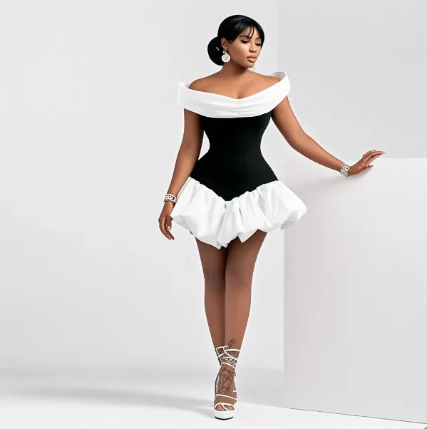 

Black And White Short Prom Dress Off The Shoulder Satin Above Knee Evening Gowns Girls Cocktail Party Dress