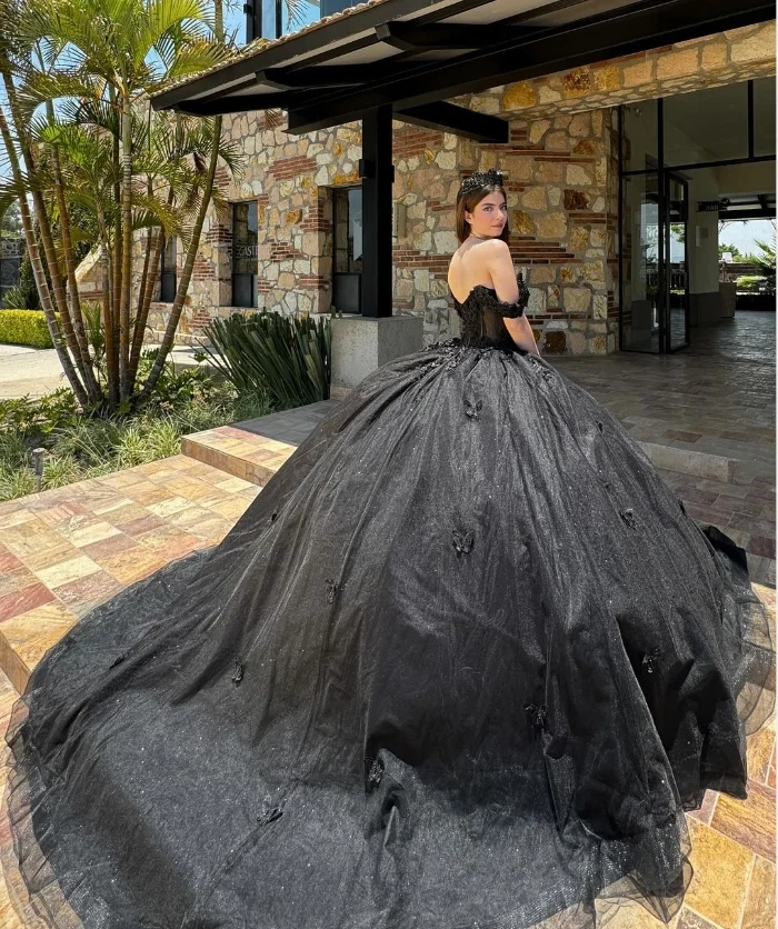 Noble Princess Ball Gowns Quinceanera Dresses Cathedral Train Black Strapless Poncho 3D Floral Boned Corset xv year old dress