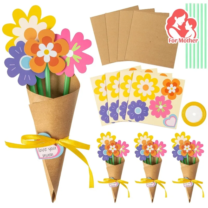 Kit de buquê de girassol diy, 24 peças, flores de papel para presente de professor de dia das mães, com cartões e fita, sem vaso incluído
