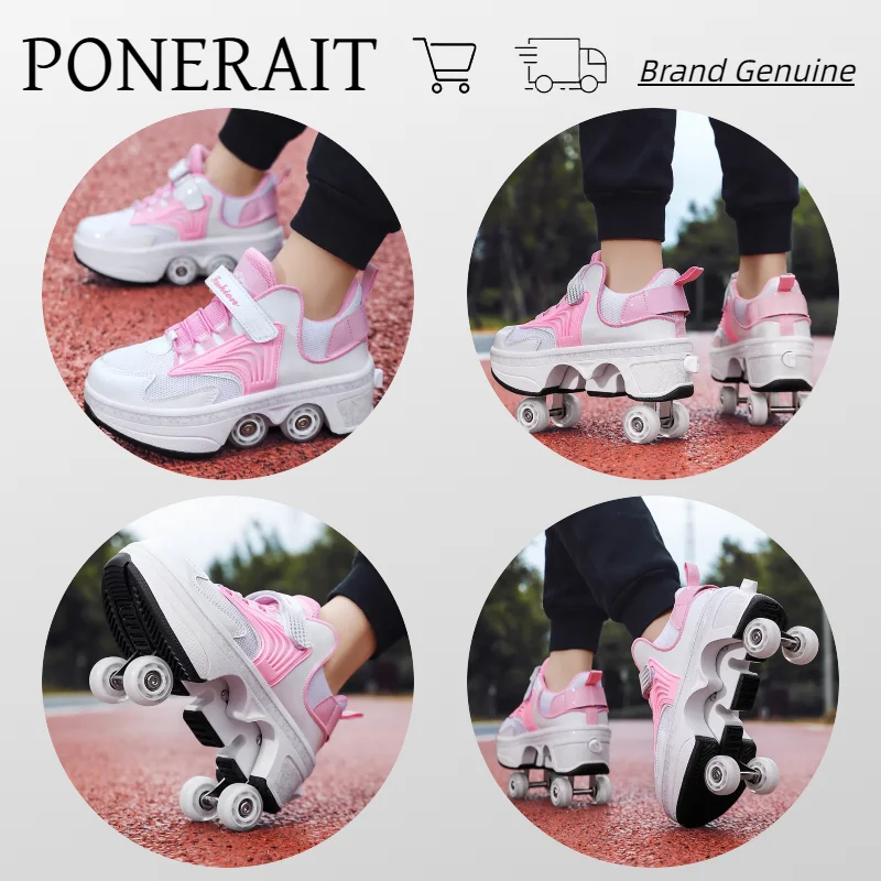 PONERAIT Deformation Roller Shoes Double-Row Four Wheel Walk Skates for Adult Men Women Stylish Children Sport Shoe Special Gift