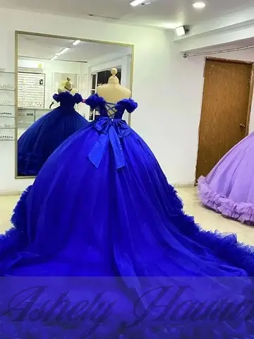 Kvalitet Kunglig Blå Söt 16-Klänningar Födelsedagsfest Volang Spets Applikation Sweep Släp Formella 15:e Quinceañera Klänningar Anpassade 8 best sales kungblå sweet 16-klänning - №2