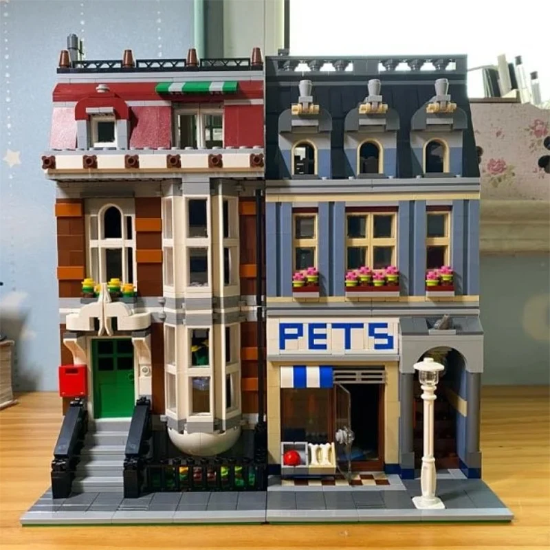 Bloques de construcción para tienda de mascotas, 2032 Uds., tienda de mascotas, vista a la calle de la ciudad, modelo de arquitectura, montar ladrillos, juguete para regalo para chico, niña y adulto
