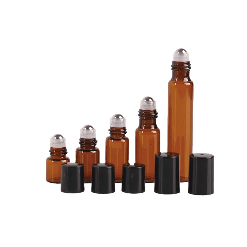 Botella de vidrio fino ámbar para pruebas de muestras, viales de aceite esencial con rodillo de Metal/Bola de vidrio, 20/50 piezas, 1ml, 2ml, 3ml,