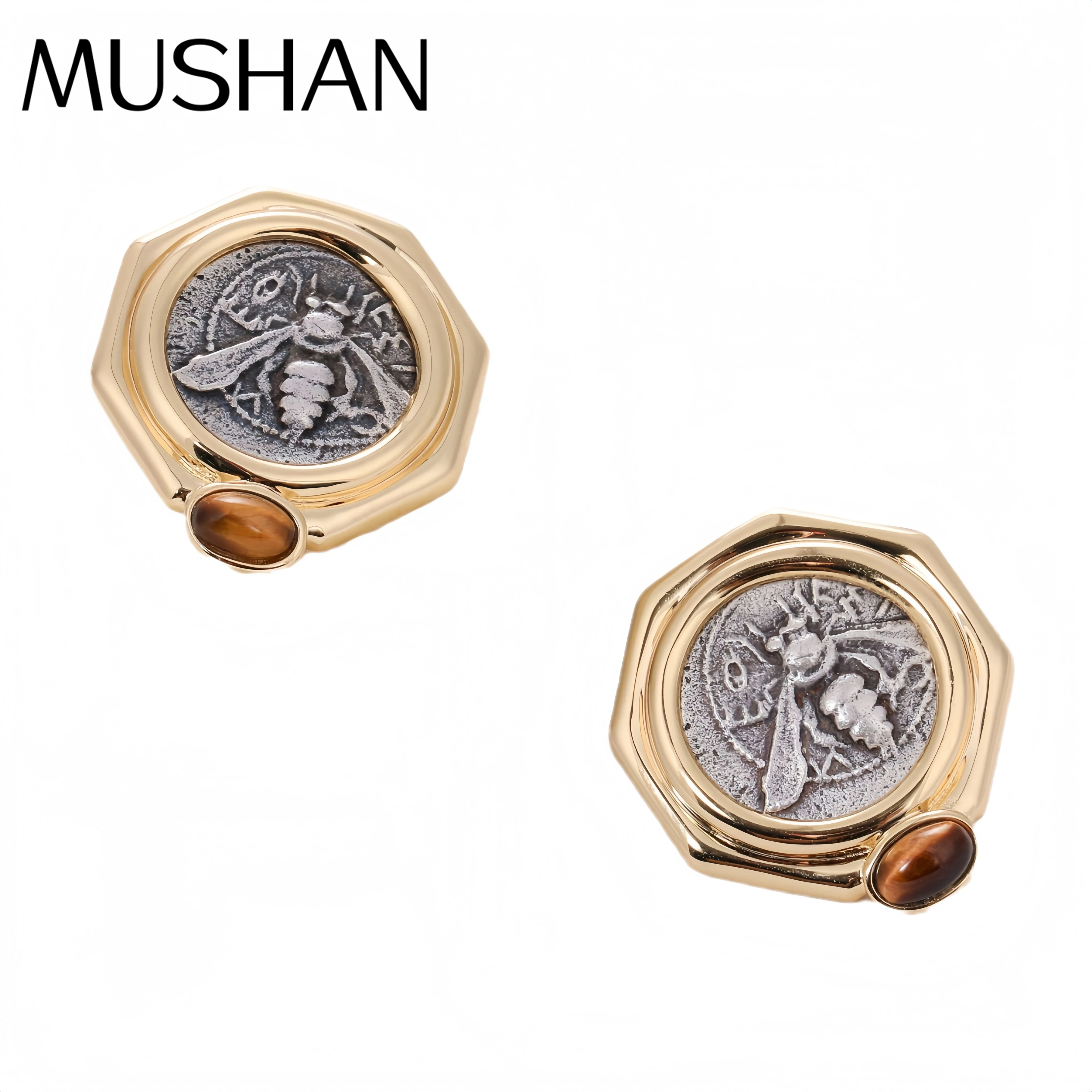 

MuShan Luxury Brand Italian Little Bee Ancient Coin Ear Studs 18k Gold Plated 925 Sterling Silver Stud Earrings Jewelry