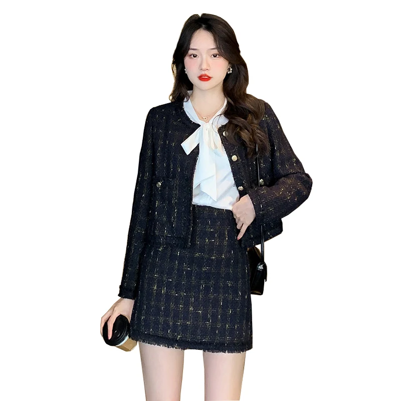 

Women's small fragrant floral tweed 2 pieces set jacket+high waisted short skirt 2024 new autumn/winter socialite set