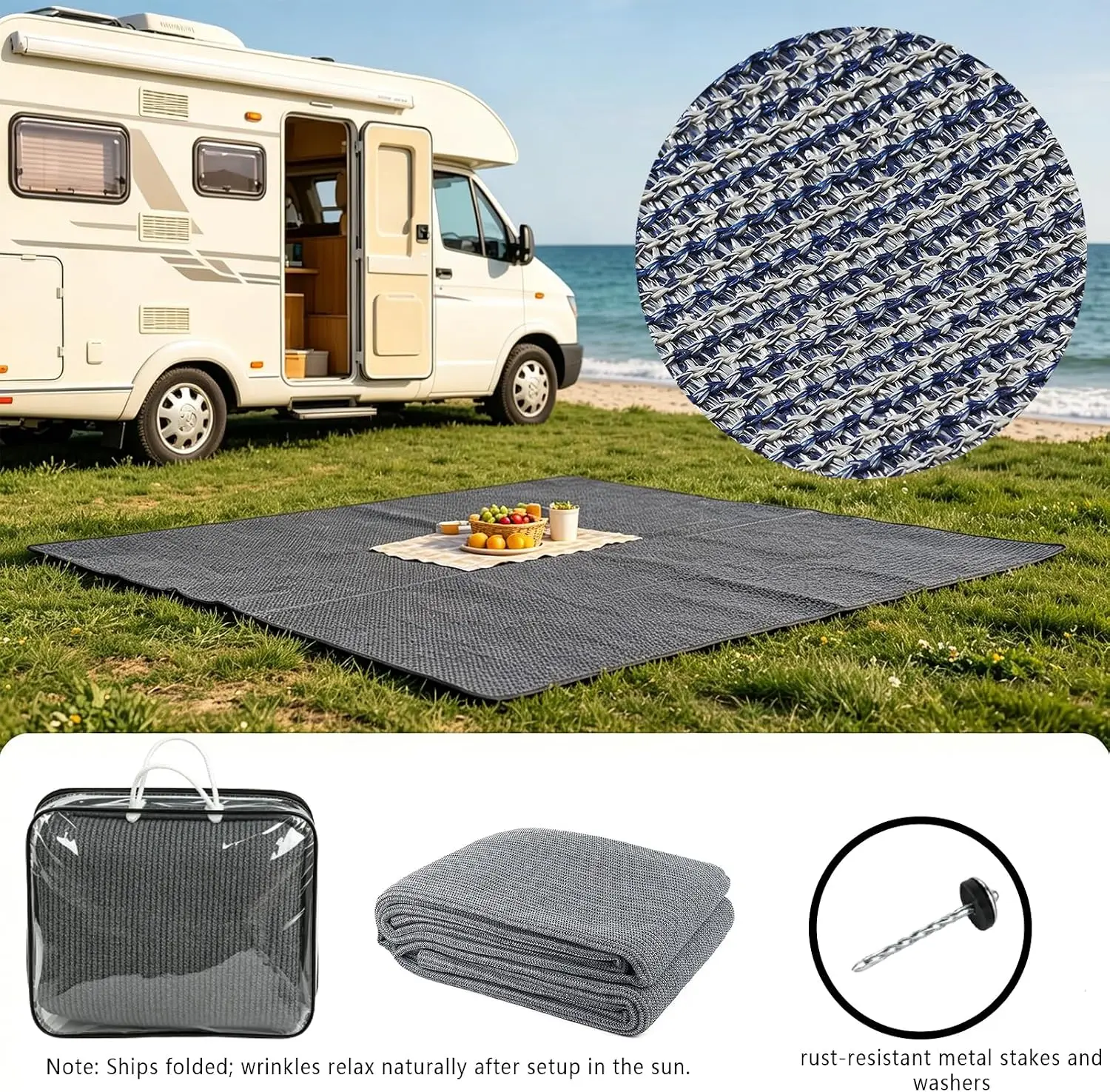 9x18ft RV Outdoor Rug Camping Mat Awning Carpet Blue Gray
