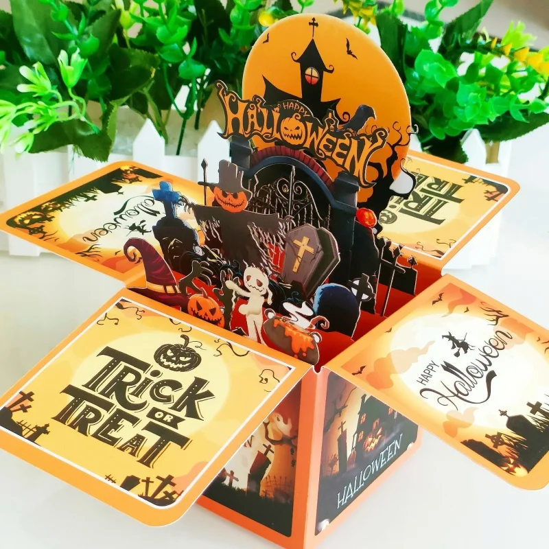 

2024 New Halloween Card Handwritten 3D Pop Up Box Card Paper Sculpture Creative Holiday Gift Decor Trick Treat Pumpkin Festival