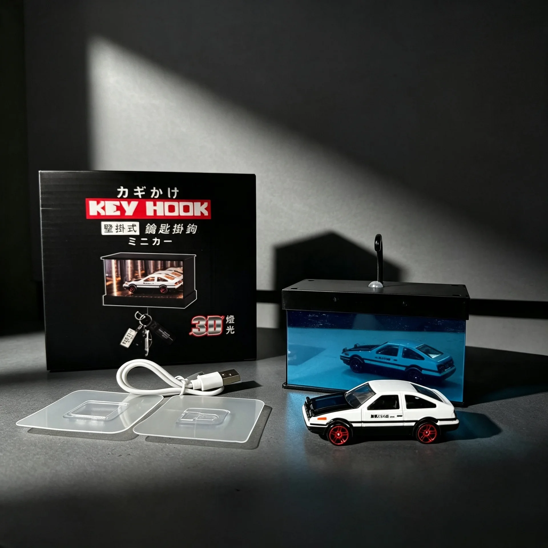 1:56 AE86 Car Model Wall‑Mounted Key Holder, Depth‑Mirror Garage with Light, Alloy Car Decor Ornament