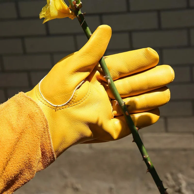 Guantes de cuero de manga larga para jardinería, transpirable resistente a los pinchazos Guante de cuero, poda Floral rosa