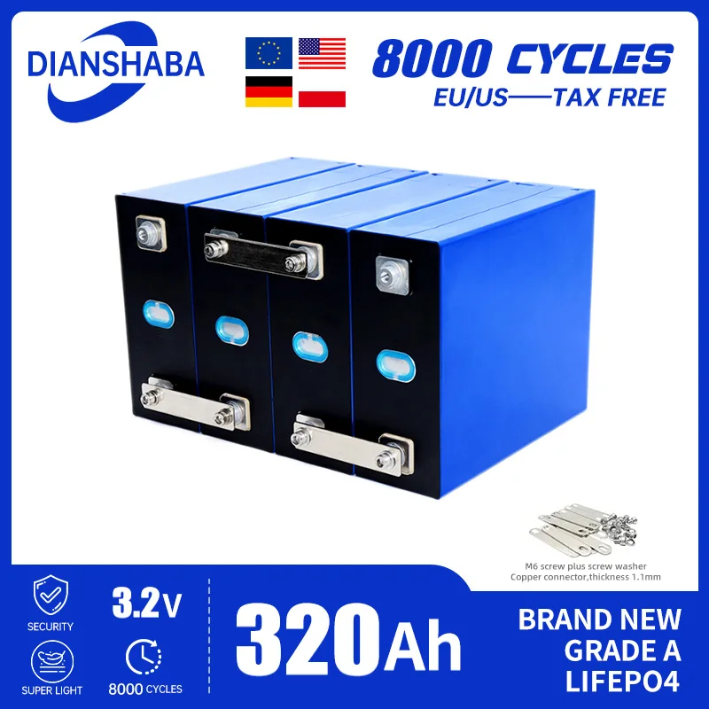 320Ah 8000 cycle LiFePO4 3.2V rechargeable battery, suitable for DIY 12V 24V 48V solar energy system for caravans and