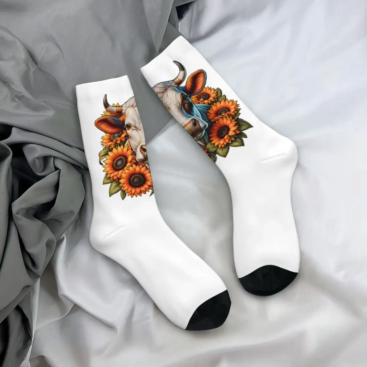 Chaussettes de vache avec tournesols pour hommes et femmes, bas Harajuku, chaussettes longues toutes saisons, accessoires pour cadeau d'anniversaire, haute qualité