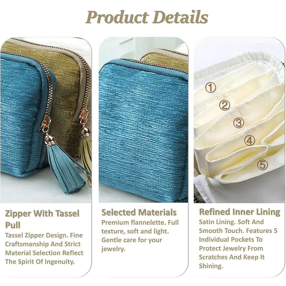 กระเป๋าเก็บเครื่องประดับ 5 ชั้น, กระเป๋าใส่เครื่องประดับกำมะหยี่สำหรับนาฬิกา สร้อยข้อมือ แหวน ต่างหู คริสตัล, กล่องใส่เครื่องประดับพกพาสำหรับเดินทาง