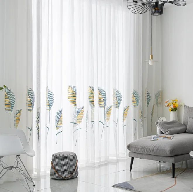 Nordic Light Luxury Leaf Yarn Embroidered Gauze Curtains Living Room Bedroom Curtains