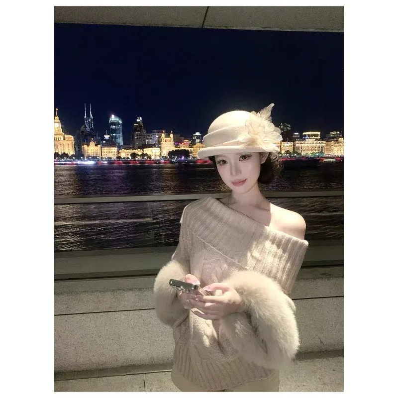 2026 New Cuffs Imitation Fox Hair Turtleneck Blended Twist Knitted Top Sweater Women's Bat Sleeve Sweater
