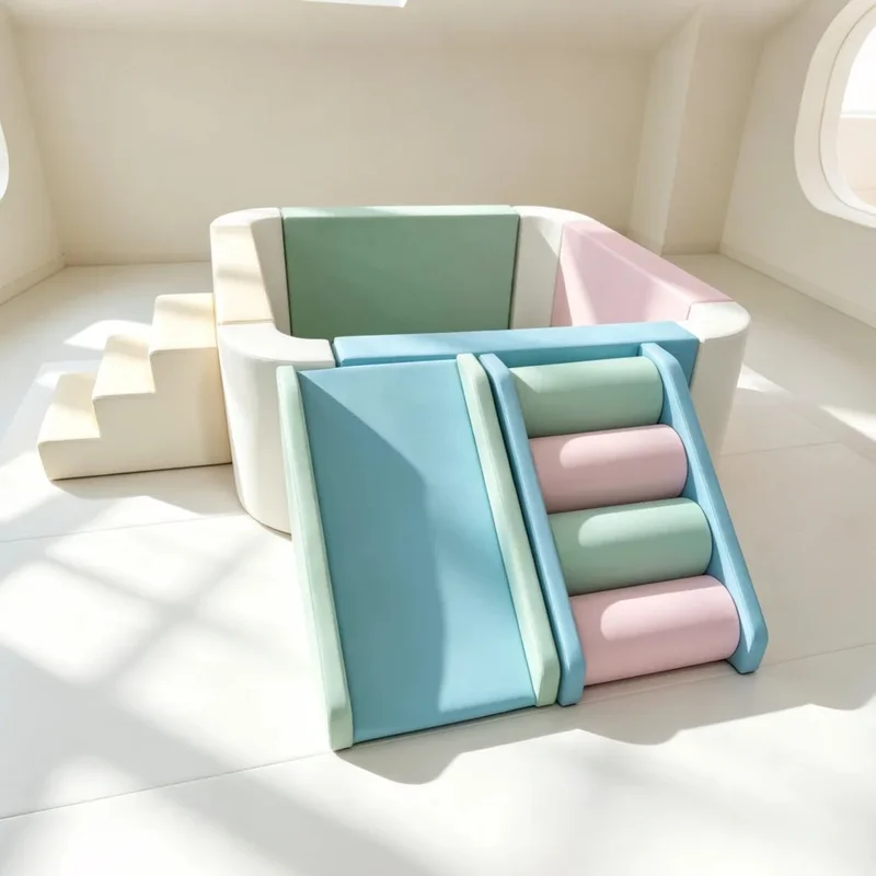 Pastel Macaron Square Foam Soft Play Ball Pit with Slide Steps for Party Rental Kindergarten Kids Play Area