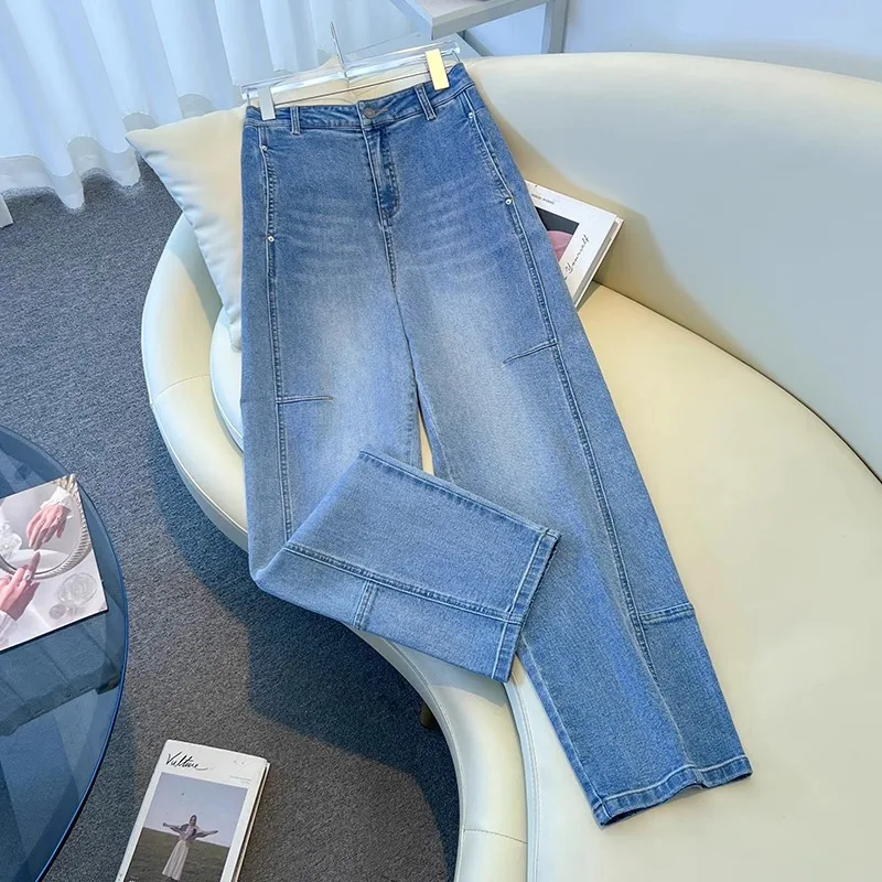 

Light Blue Scimitar Jeans for Women, Spring and Autumn Versatile Draped Floor-Length Banana Slim Straight Pants