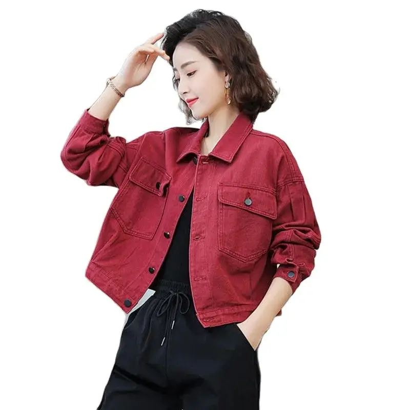 

Spring Autumn Short Denim Jacket Women Safari Style Jean Coat Lady Loose Top Vintage Pocket Washed Denim Coats Casual Outwear