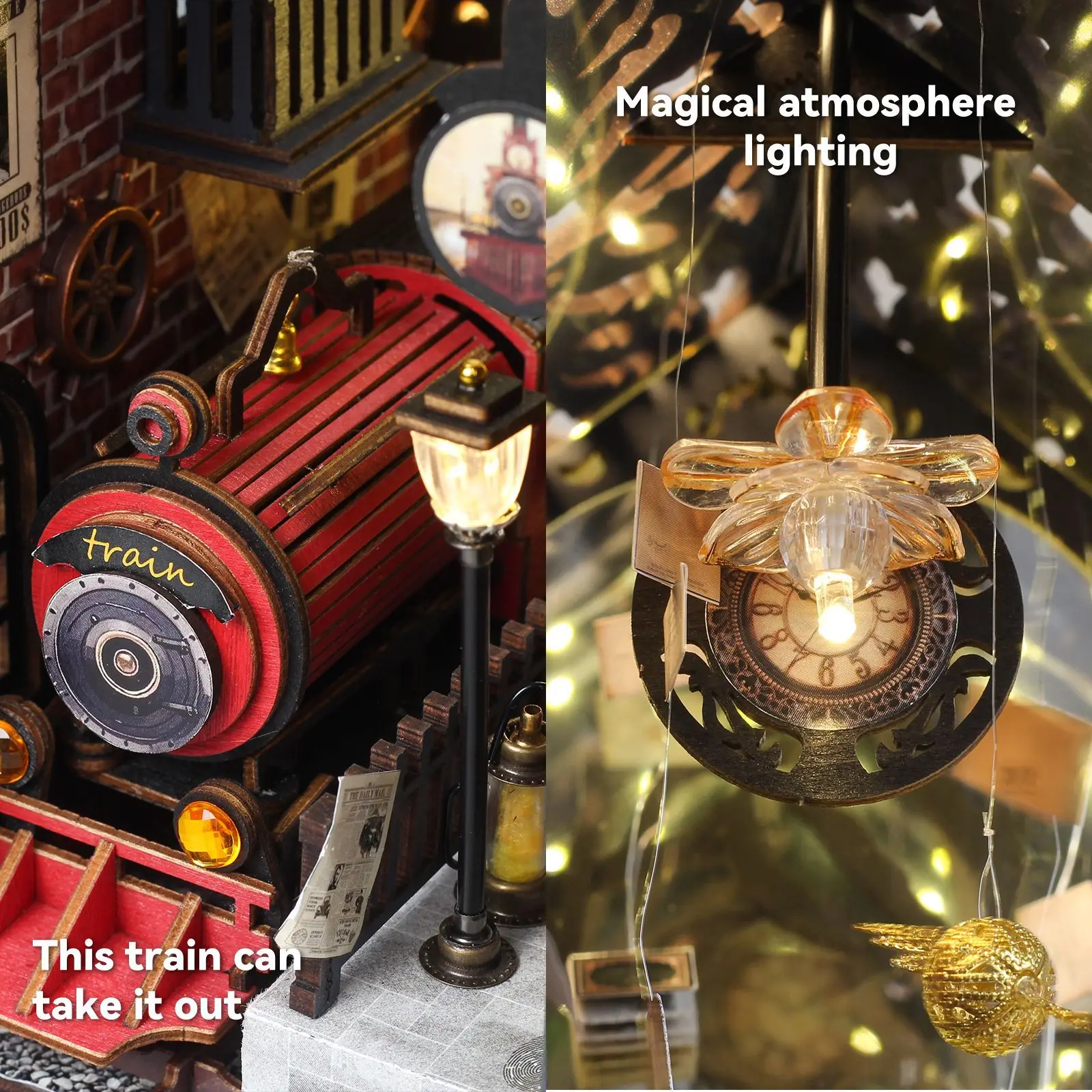 빈티지 기차역 북 누크 DIY 키트 - LED 조명이 있는 3D 나무 퍼즐 북엔드 |   미니어처 인형집 모델 수제 홈 데코