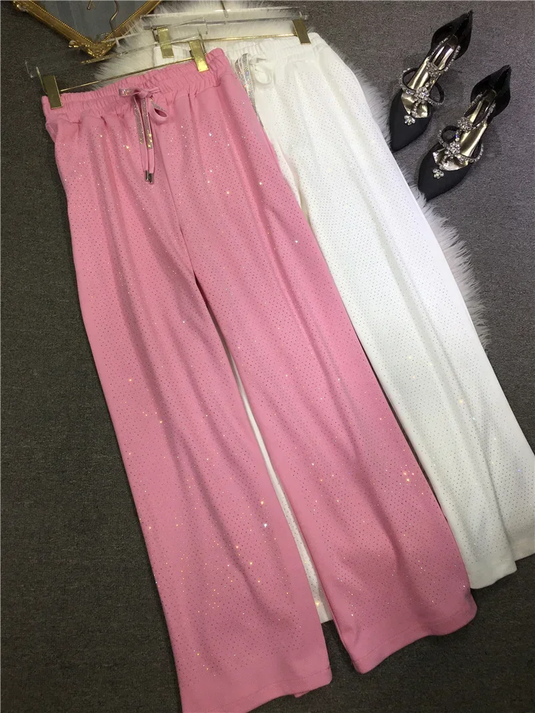 Babysbreath Shiny Hot Drilling Female Trousers All-match Summer Wide Leg Pants Drawstring Elastic High Waist Straight Pants