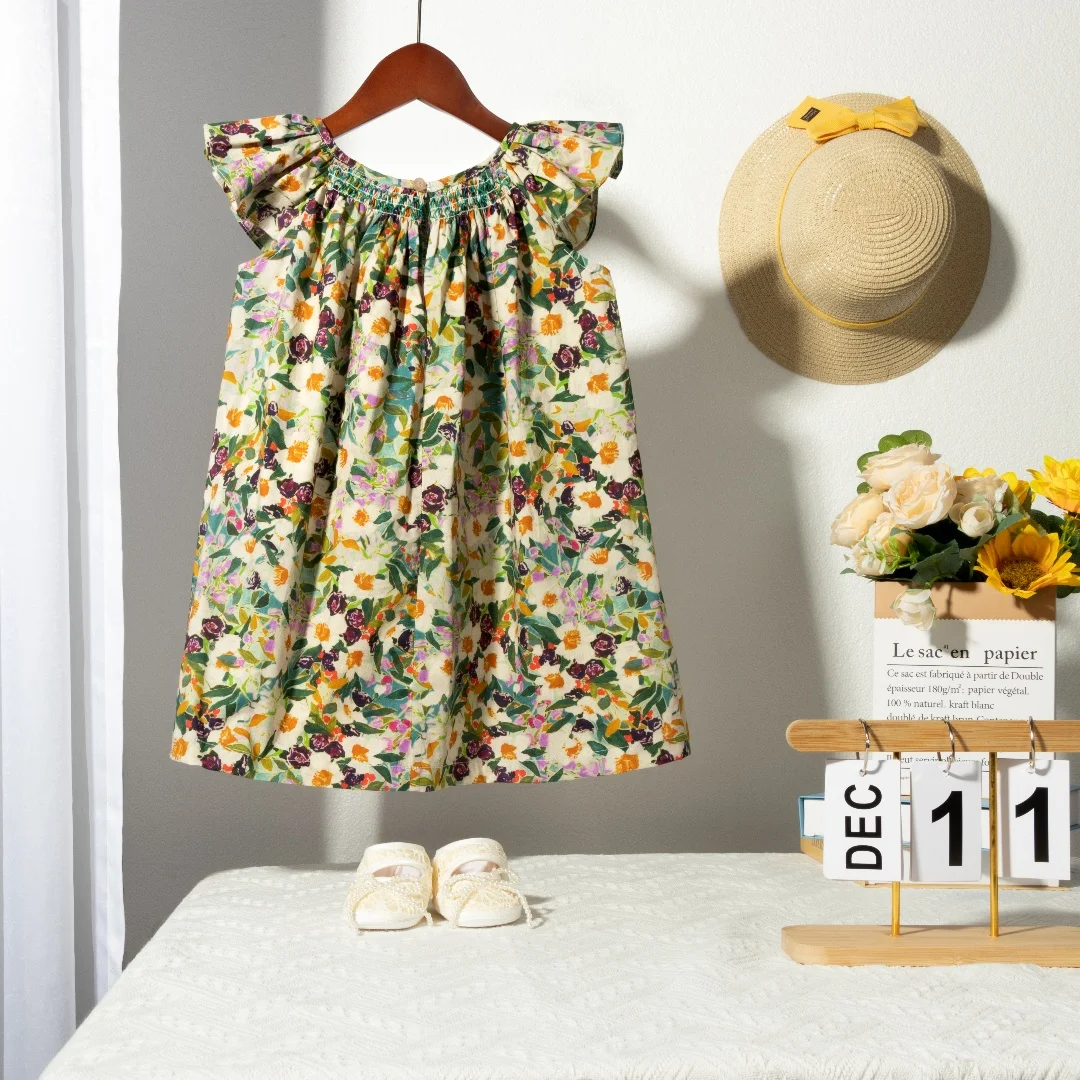 Blumen-Sommerkleid für Mädchen im Alter von 1, 2, 3, 4, 5, 6 Jahren, Smockdesign mit fliegenden Ärmeln, für Babys und Kleinkinder, tägliche süße Kleidung – Detail 26