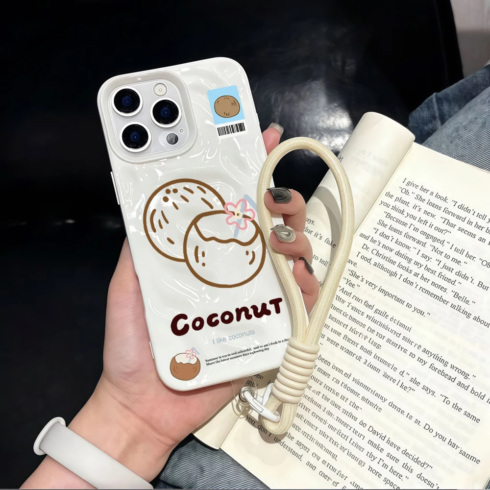 Niedliche Handyhülle mit Kokosnussmuster aus Falten-Silikon für iPhone 17 15 13 11 12 14 16 17 Pro Max 15 Plus Air mit Lanyard INS Cover – Detail 2