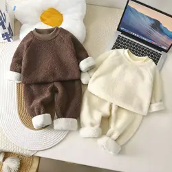 New Baby Warmth Set Home Fur Children's Double Fleece Winter Plush Thickened Lamb Velvet Pajamas Pajamas for Boys Girls