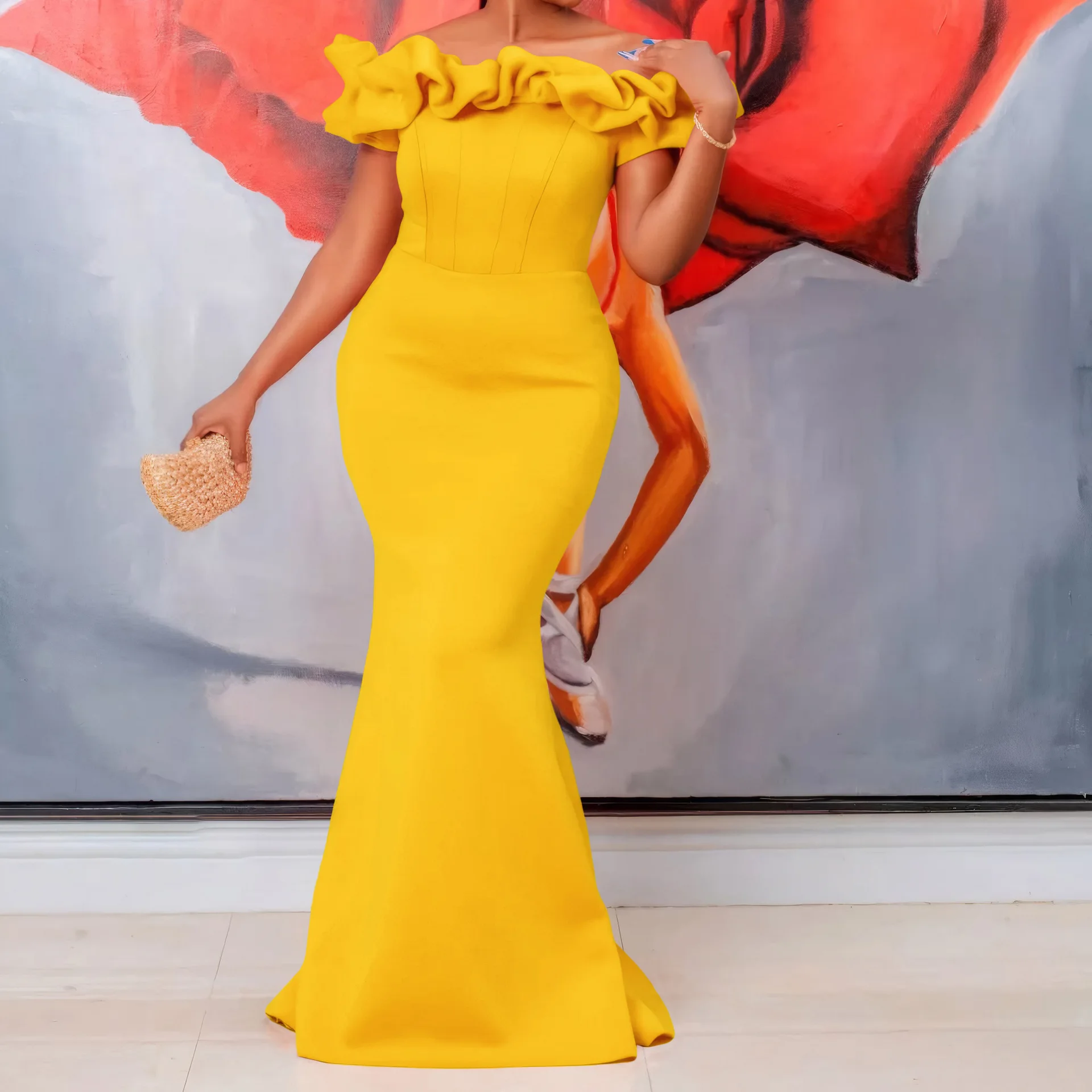 Woman Clothing 2025 Spring Summer One Neck Yellow African Formal Evening Dress Slim Fit Sexy Fish Tail Long Party Dresses