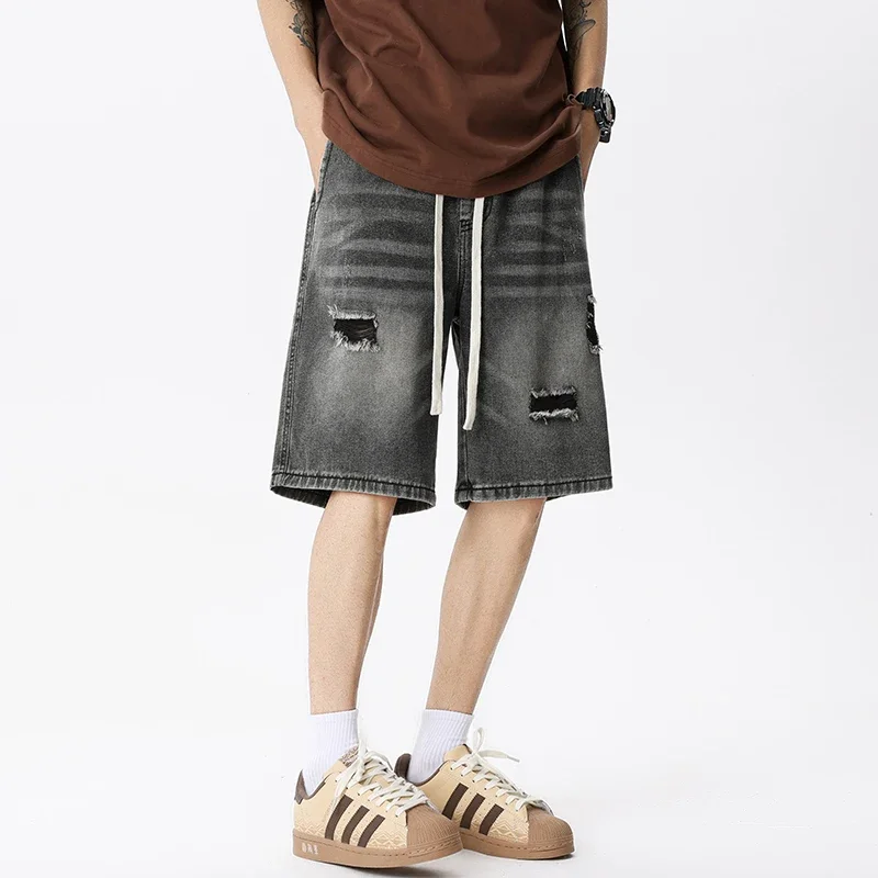 جينز رجالي قصير ممزق من الدنيم ، ملابس الشارع الرجعية ، الأزرق ، الرمادي ، مطاطي ، مستقيم ، فضفاض ، عصري ، كاجوال ، صيفي #6