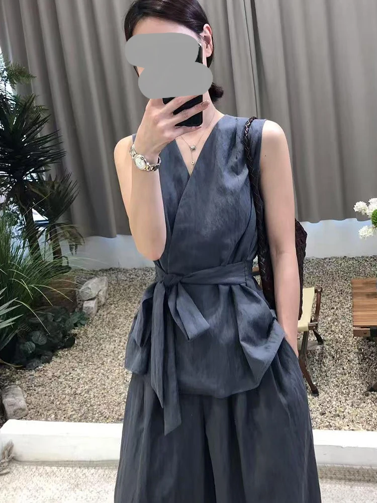 

Ele Simple Women's Summer Outfit V-Ne Waist-Cinched Svel Top Wide Leg Pants Two-Piece Set Faionable Trendy