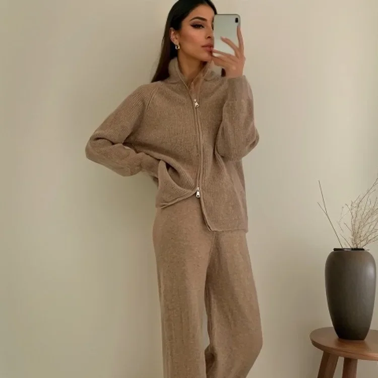 Women Two Piece Sets Full Sleeve Coats Zipper Knitted Sweaters Solid Wide Leg Long Pants Set Autumn Winter 2023 Loose Casual