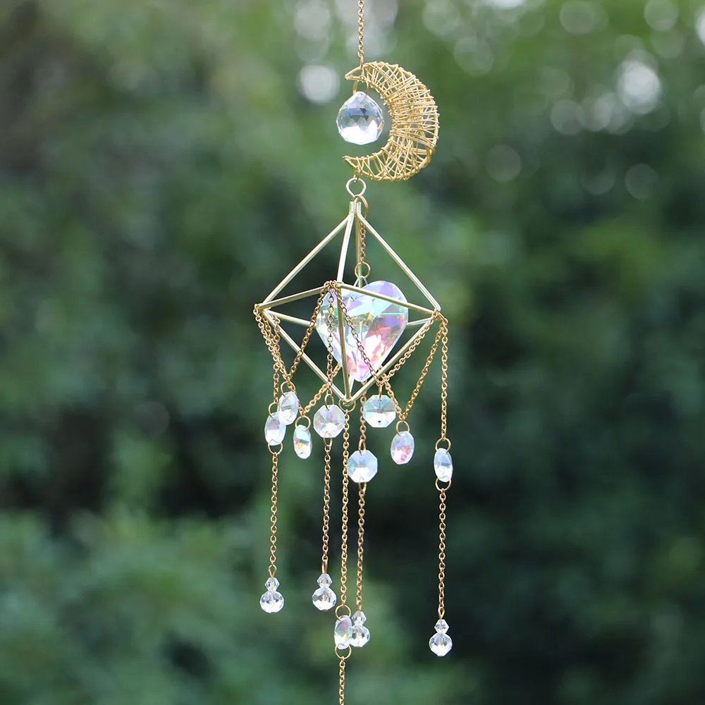 

Crystal Suncatcher Windchimes Rainbow Light Catcher Moon Sun Catcher Crystal Wind Chimes Hanging Prism Window Garden Decoration