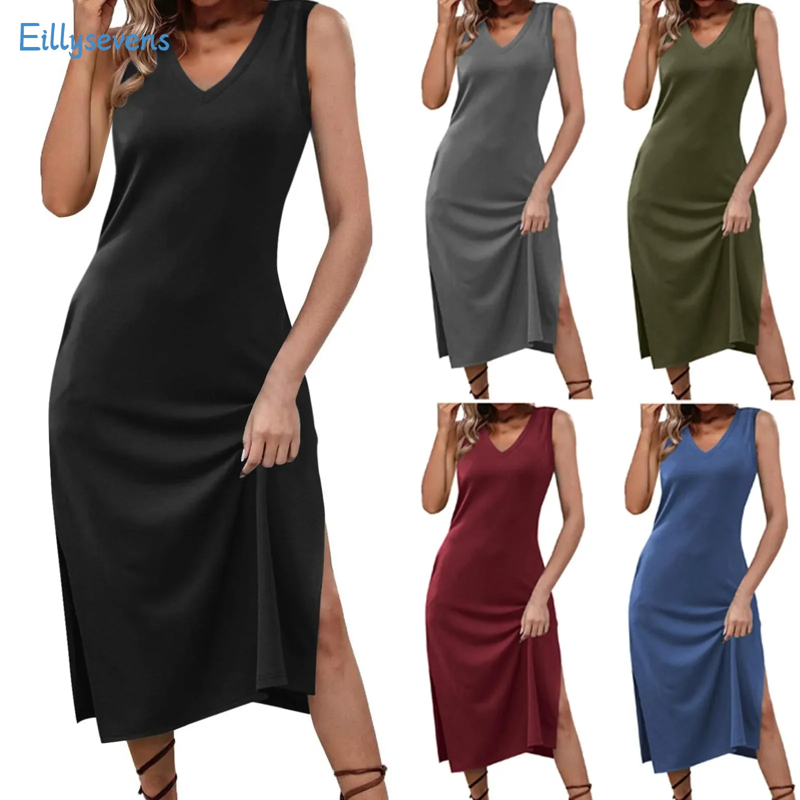 Summer New Tank Dress Casual Simple Solid Color V Neck Slit Long Dress Women Fashion Loose Comfy Elegant Maxi Vest Dress