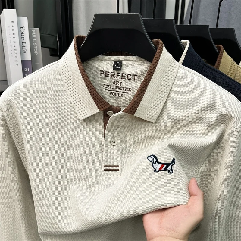 Advanced Designer Lapel Polo Shirt New Autumn Solid Color Keep Warm Long Sleeve Printed T-Shirt Fashion Exquisite Men's Clothing
