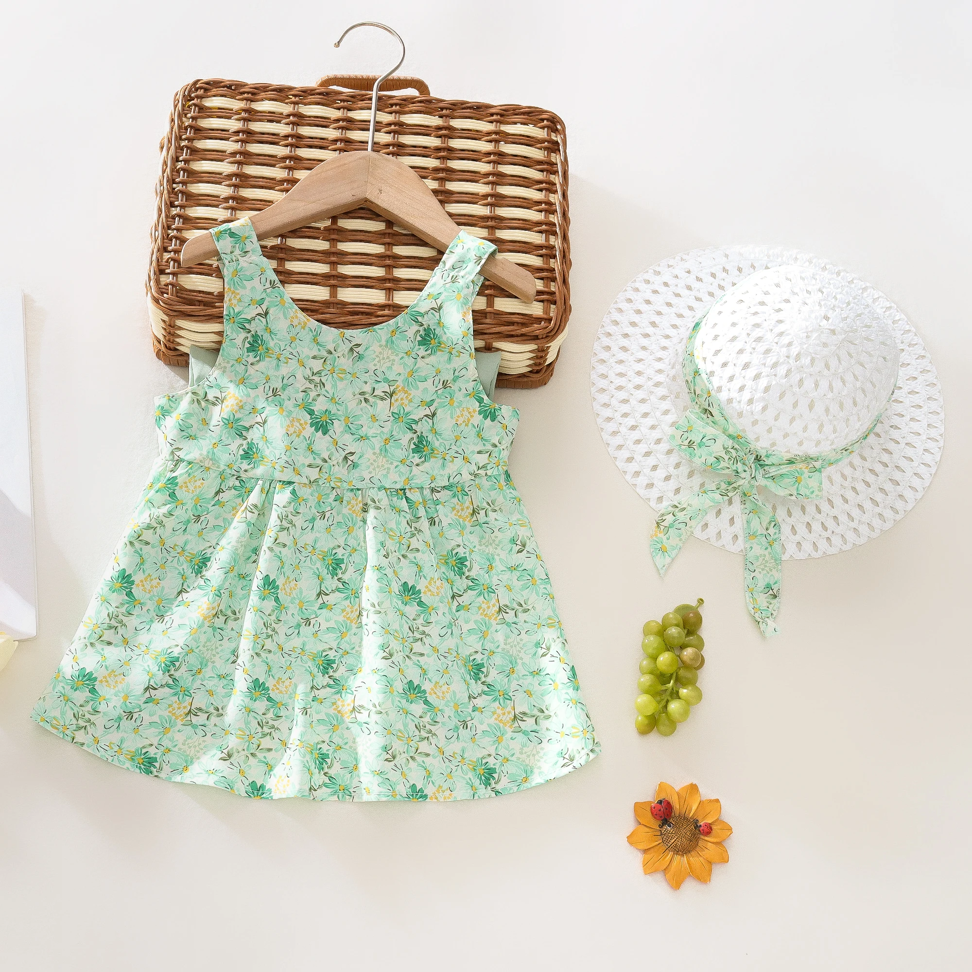 Vestido de verano de 2 piezas para bebé y niña, sombrero para el sol, Correa con lazo Floral, ropa suave y cómoda para niños