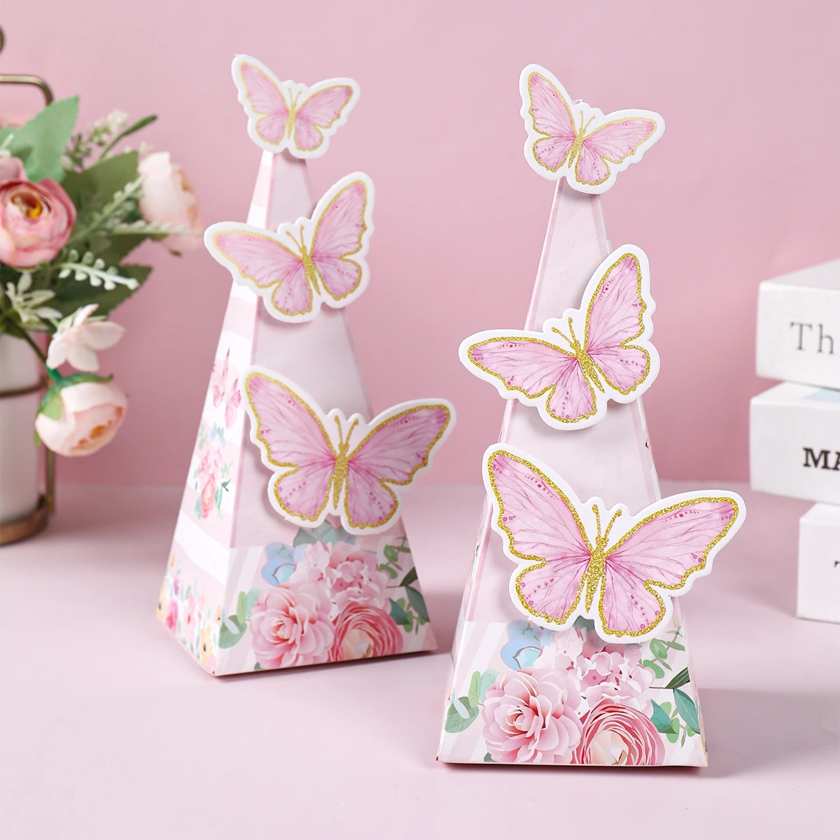 6pcs Butterfly Triangle Candy Boxes Gifts Packing Paper Boxes Birthday Party Decor Girls Wedding Baby Shower Favors For Guest ﻿