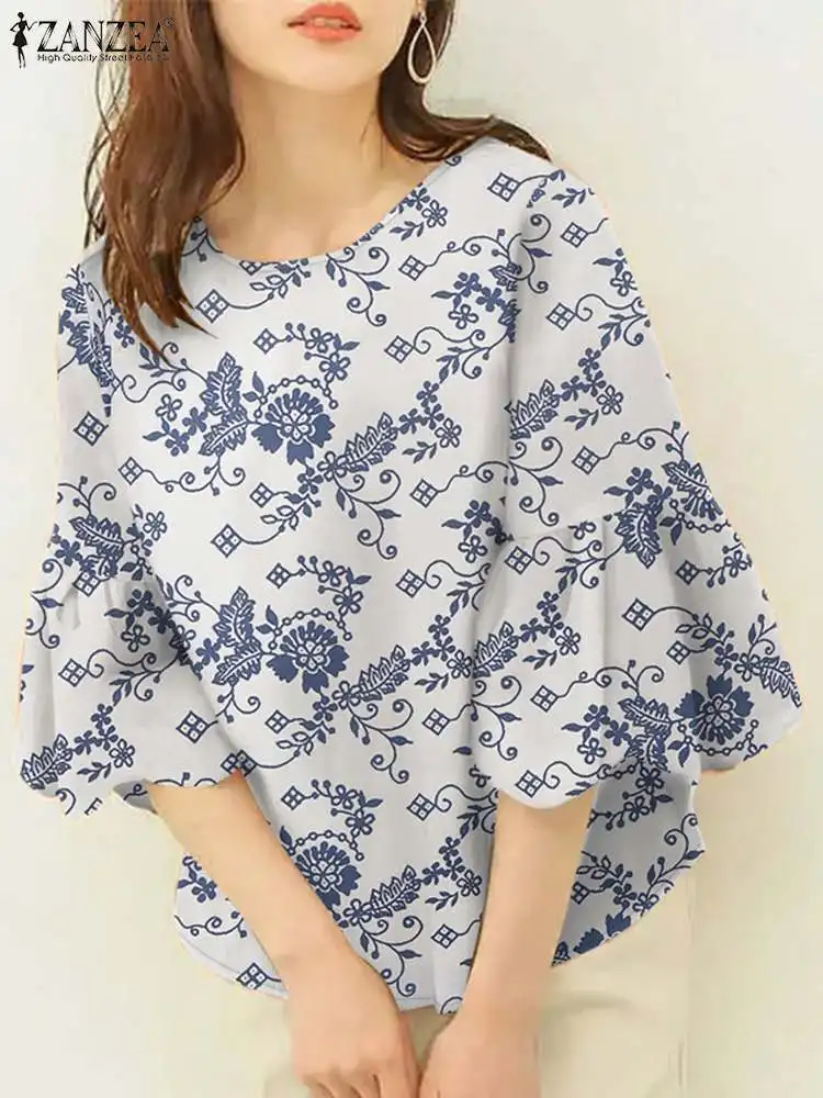 ZANZEA Korean Fashion O Neck Blouses Autumn 2024 Floral Print Women Elegant Blusas Mujer 3/4 Flare Sleeve Casual Shirts Tops