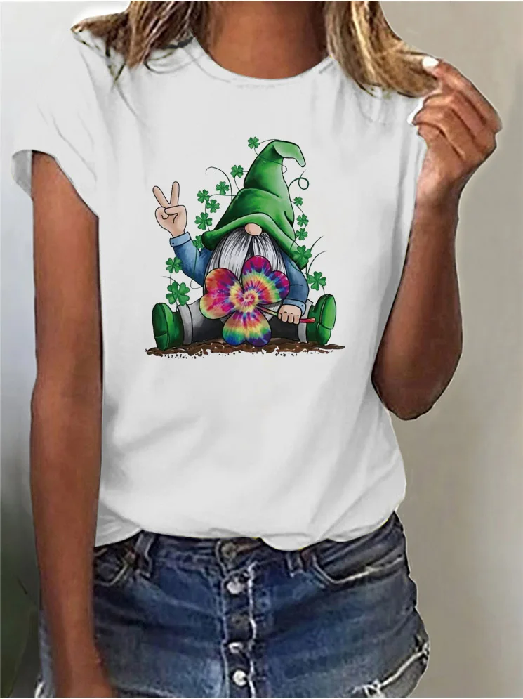 Women St Patricks Day Gnome Clover Print T Shirt Round Neck Short Sleeve Cute Holiday Graphic Ladies Casual Tees Graphic