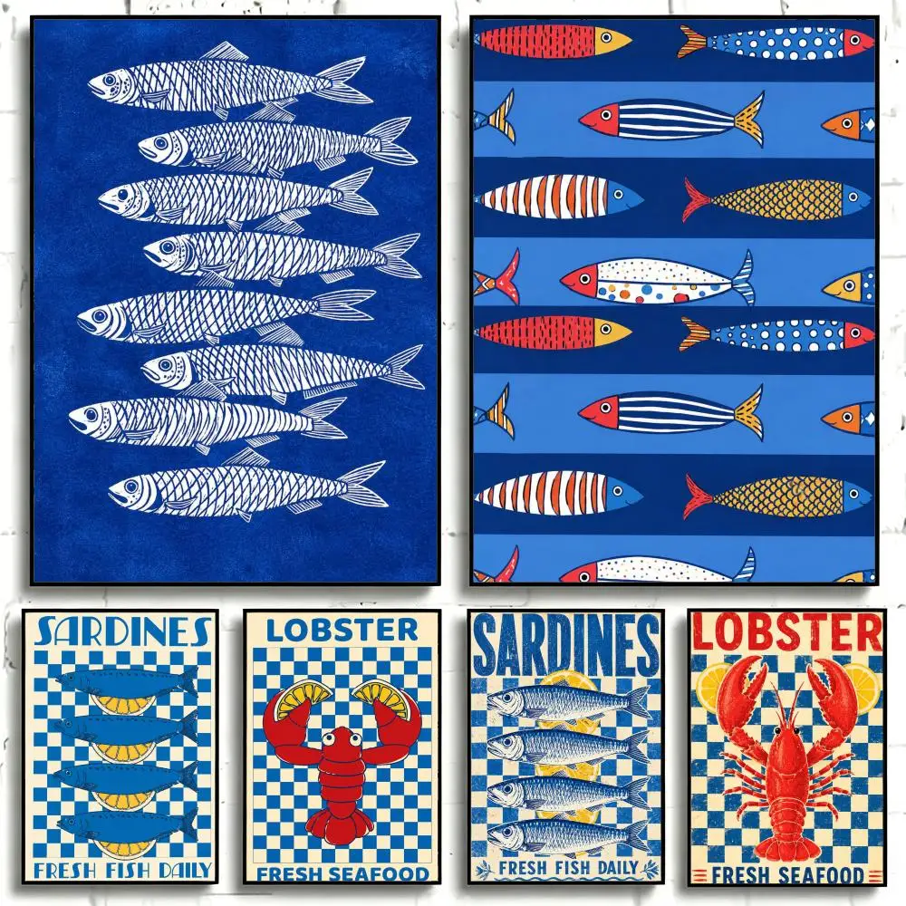 poster-artistico-colorido-de-sardinhas-e-lagostas-adesivo-de-papel-a-prova-d'Agua-para-decoracao-de-paredes-de-cafes-e-bares