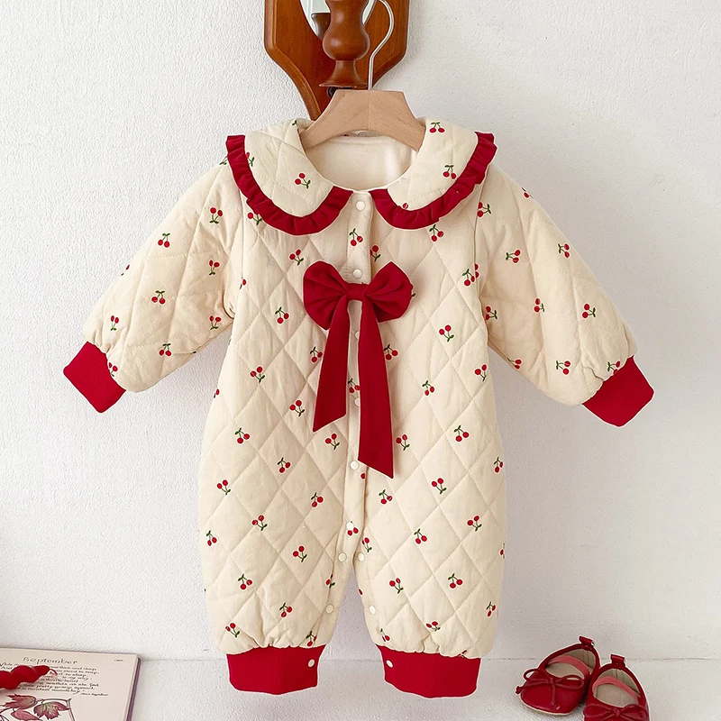 2024 New Winter 0-24M Children Thicken Warm Clothes Toddler Baby Girl Thicken Warm Printing Romper Infant Baby Girls Jumpsuit