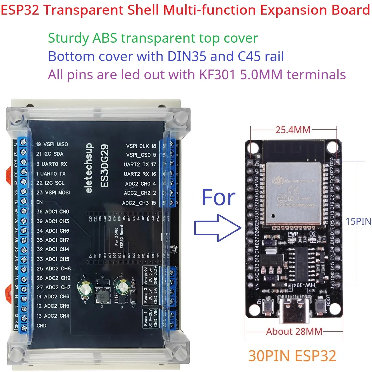 

Прозрачная крышка ESP32 Devkit, плата расширения Din-рейка 5,0, перекрестный клеммный блок, модуль адаптера для Bluetooth Arduino, Wi-Fi, IOT