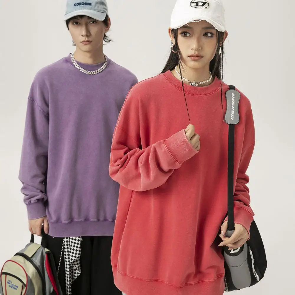 Sweatshirt leher bulat bahu turun ukuran besar merek trendi 400G air berat dicuci sweatshirt musim dingin hangat pasangan bordir