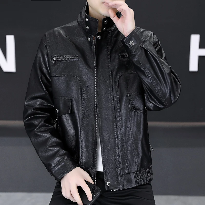 

Весенняя ретро-куртка из искусственной кожи для мужчин: стильная мотоциклетная кожаная куртка, ветрозащитная, с воротником-стойкой, повседневная, для уличной моды
