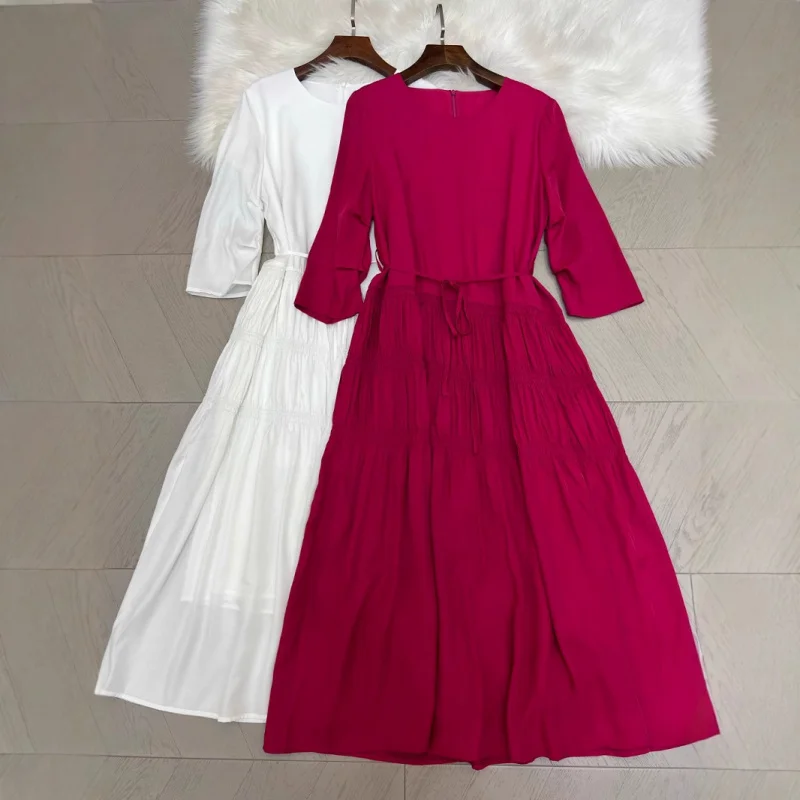 

2025Summer Season New Fashion All-Matching round Neck Long Sleeve with Belt Solid Color Dress