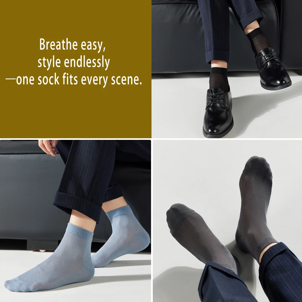 Herren-Socken aus Maulbeerseide und Modalmischung in der Mitte der Wade – atmungsaktives Sommer-Mesh, antibakterielle, geruchshemmende, dünne schwarze Business-Socken – Detail 11