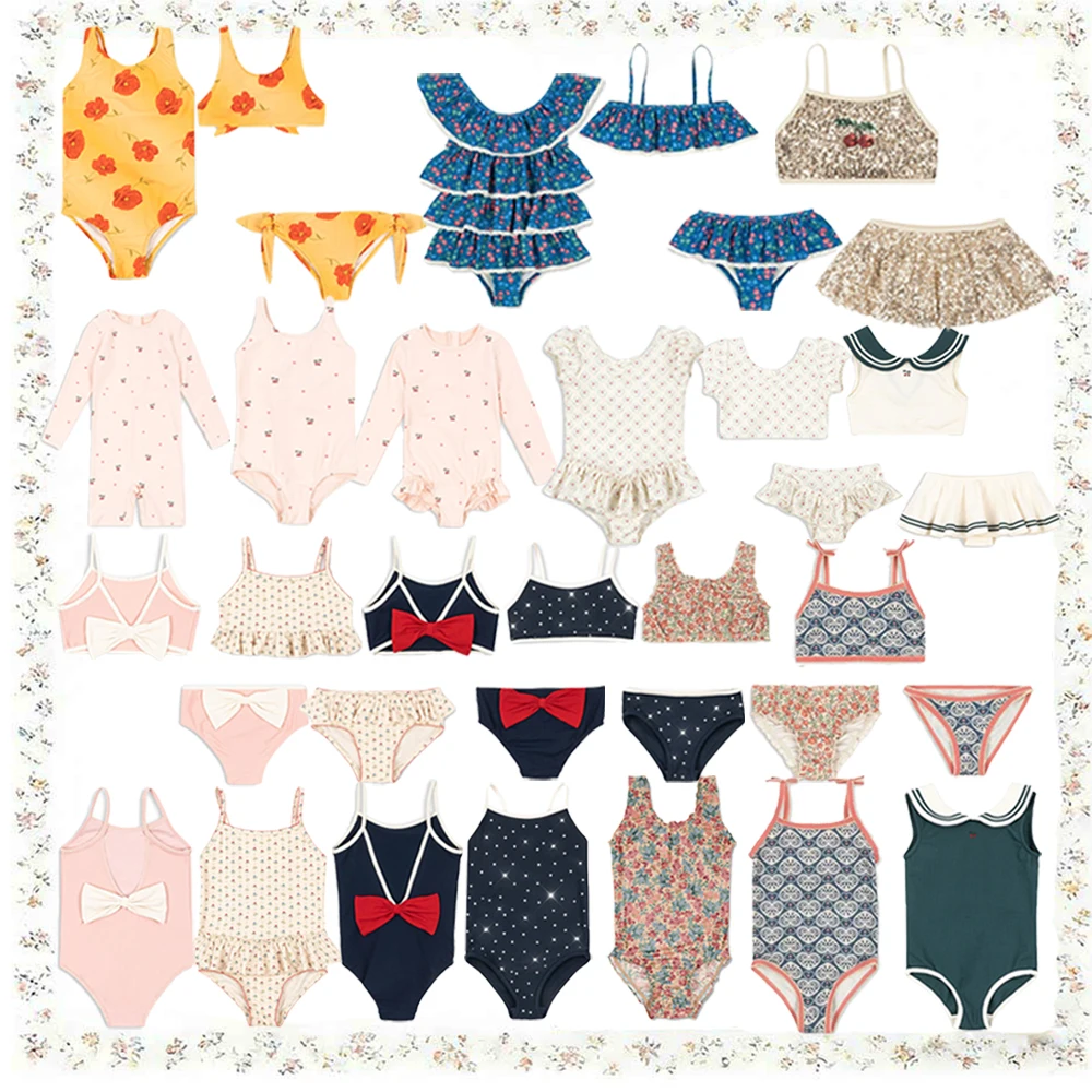 New Girls Floral Print Swimwear Summer 2026 Bowknot One Piece Bathing Suit & Two Piece Bikini Set Children's Clothing Collection