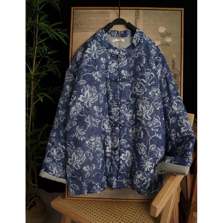 

New Chinese Sle Stand Collar Button up Cotton Jaet Women's Autumn Winter High End Retro Print ort Svel Coat