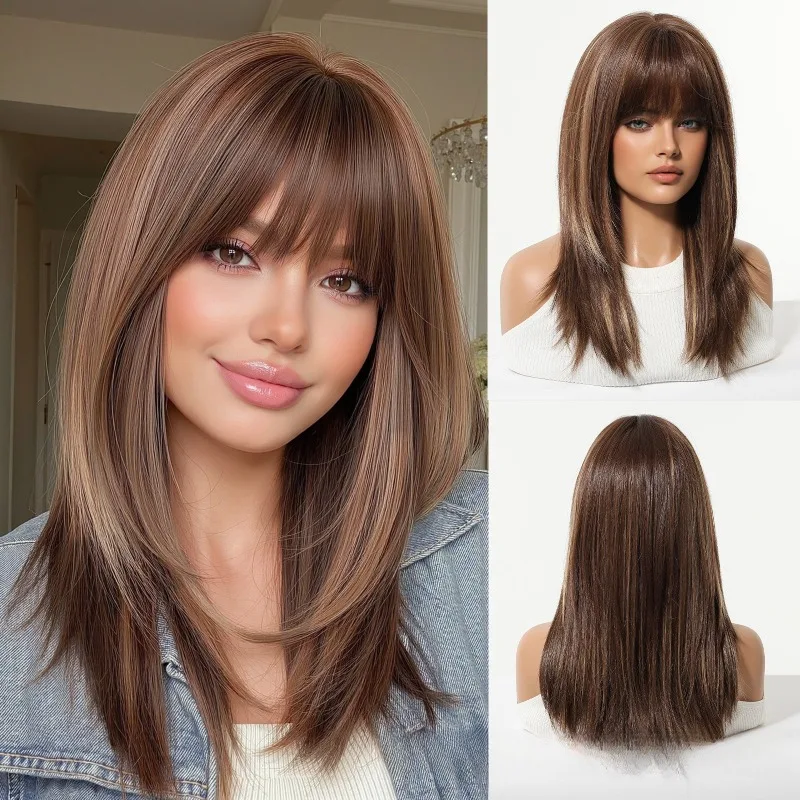 

Wig Full Headset Female High Level Medium Long Hair Air Hairpin Brown Matte High Temperature Silk Synthetic Hair